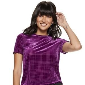 Nine West Purple Plaid Velvet Lettuce Hem Short Sleeve Blouse‎ Size Large